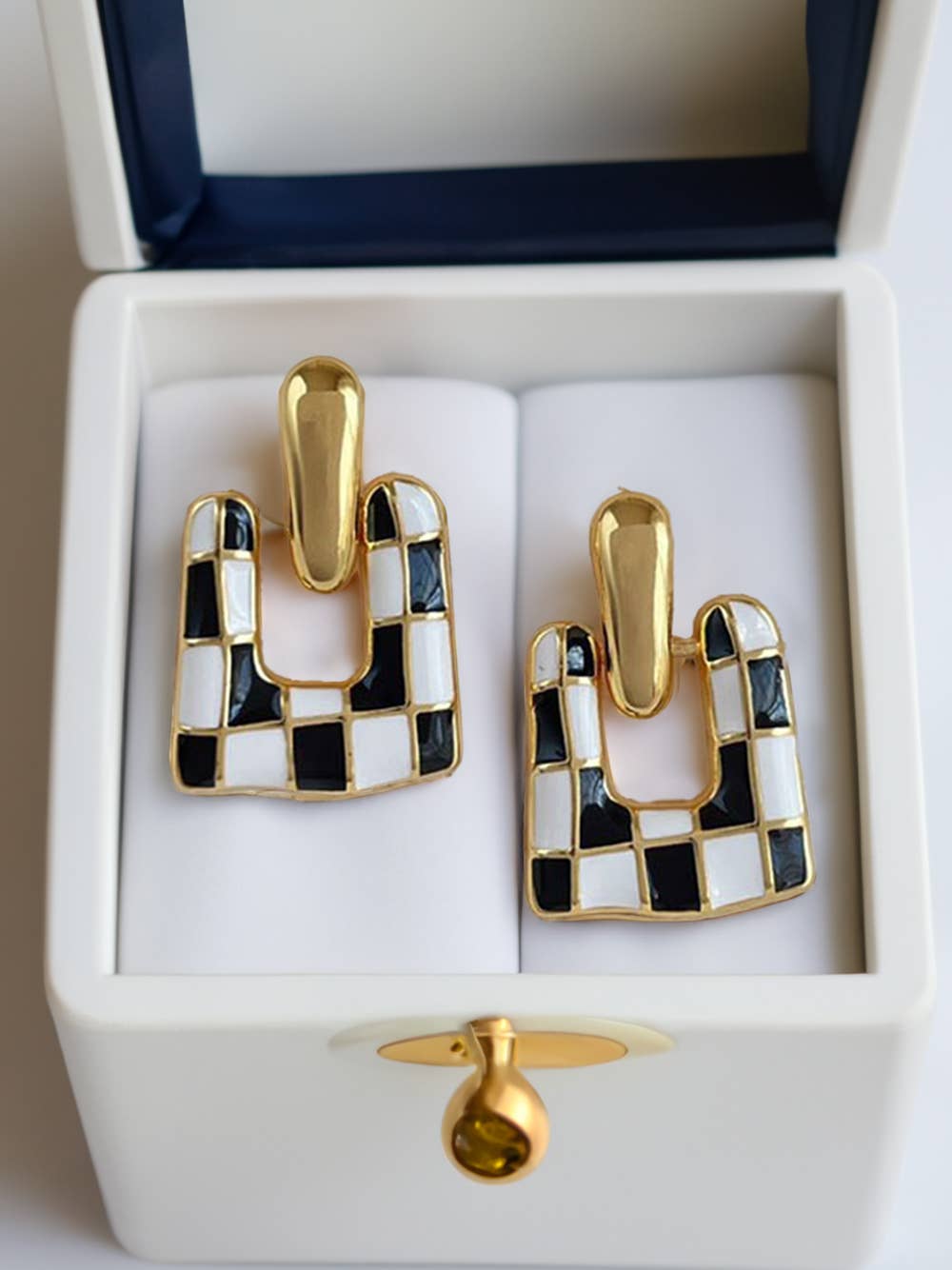 Checkered Pattern Square Shape Stud Dangle Earrings