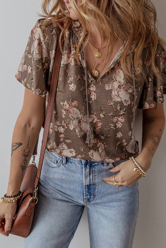Retro Floral Print Tassel Tie Split Neck Short Sleeve Blouse