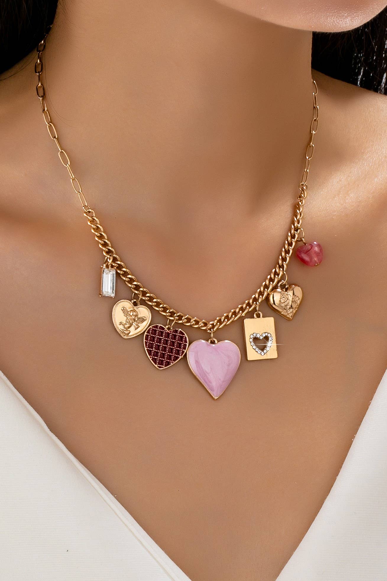 CHARM NECKLACE-HEARTS CHECKER RHINESTONE | 80N92638