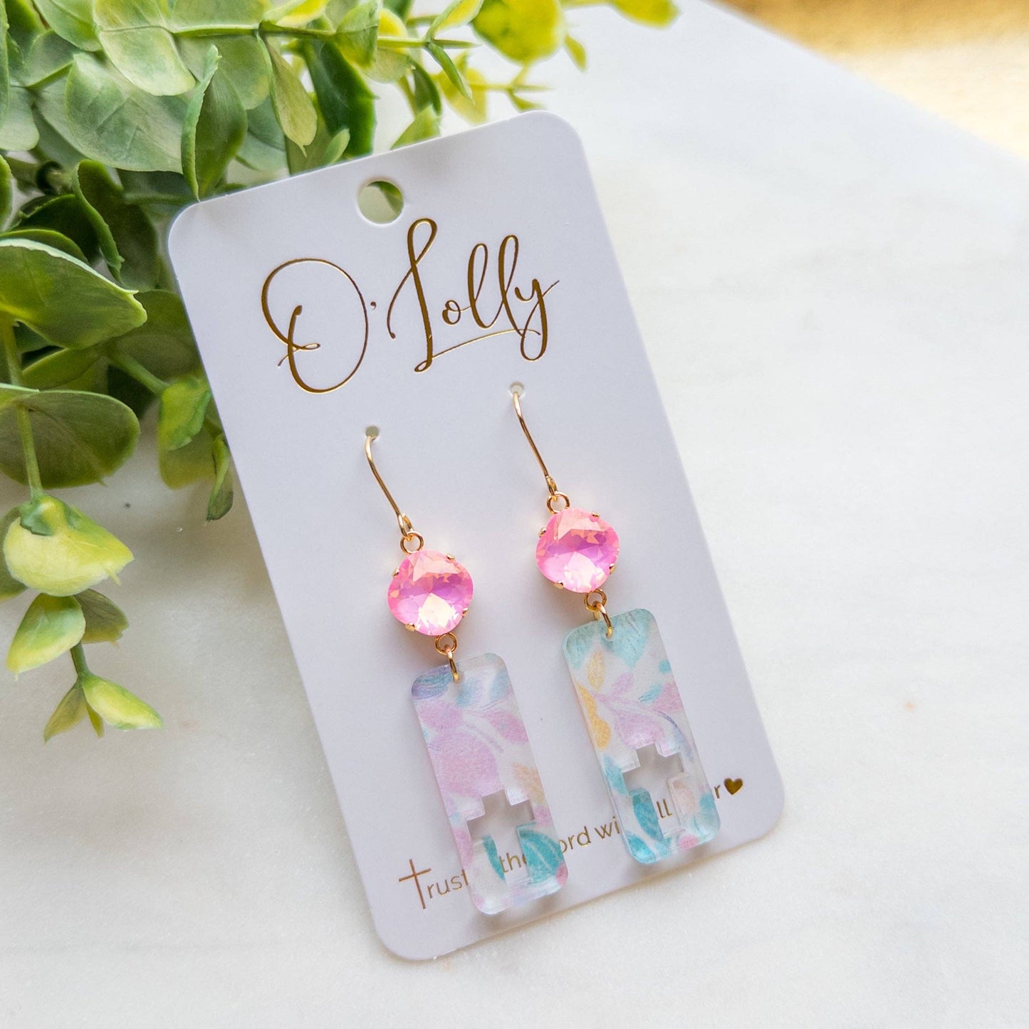 Pink Stone w/Pastel Floral Open Cross Acrylic Dangle - “Mary Nicole”