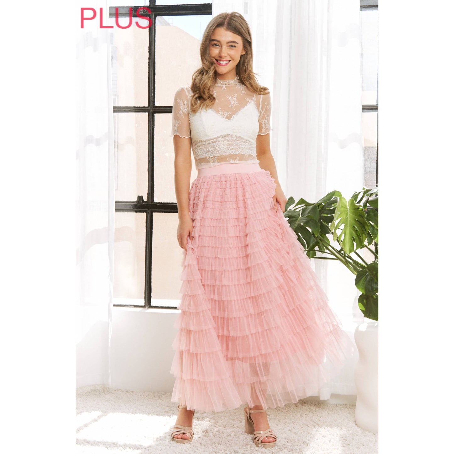 PLUS CASCADING TULLE MESH TIERED MAX SKIRT