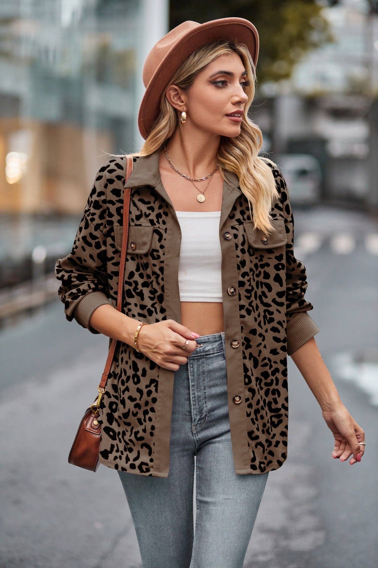 Leopard Corduroy Shirt Jacket - Button Down Oversized Fit