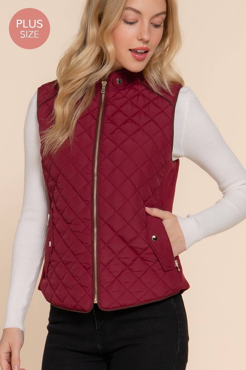 Plus Suede Piping Detail Side Rib Quilted Padding Vest