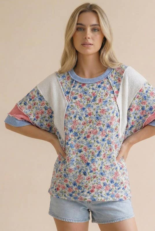 Short Sleeve Color Block Floral Knit Top