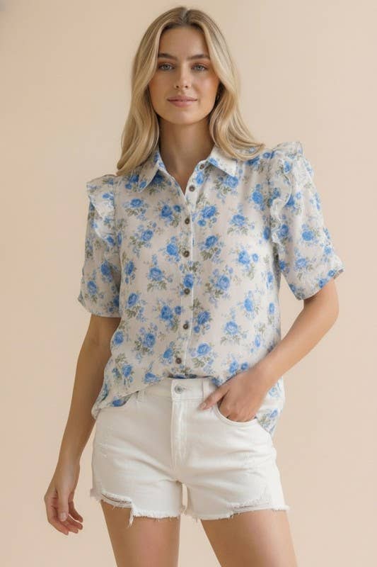 Collared Button Down Floral Print Blouse