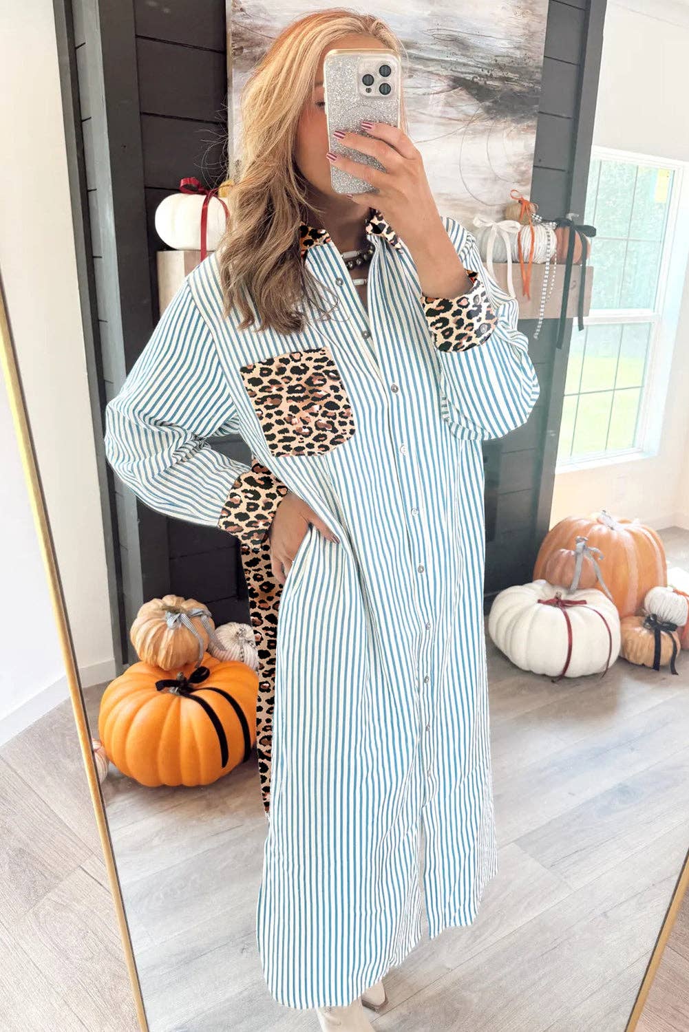 Blue Stripe Contrast Leopard Patchwork Long Shirt Dress with Slits