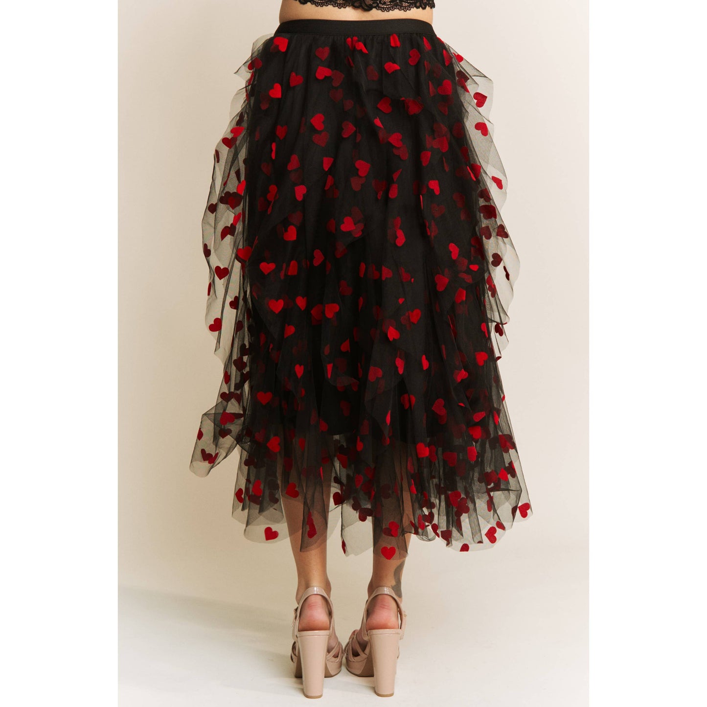 HEART VELVET FLOCKING MESH LAYERED MIDI SKIRT