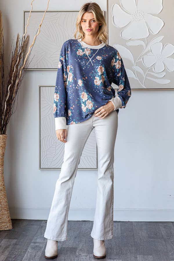 Cozy Floral Rib Drop Shoulder V-Stitch Pullover Top T5699