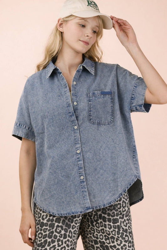 NT12493X-PLUS SIZE Mineral Washed Chambray Shirt Top