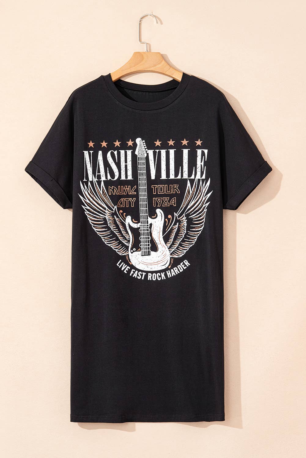 Nashville Guitar Print Crew Neck T Shirt Mini Dress (S-XL)