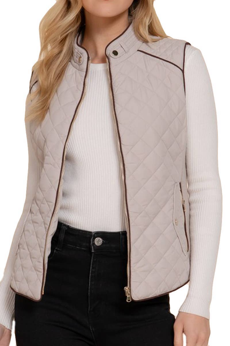 Suede Piping Detail Side Rib Quilted Padding Vest