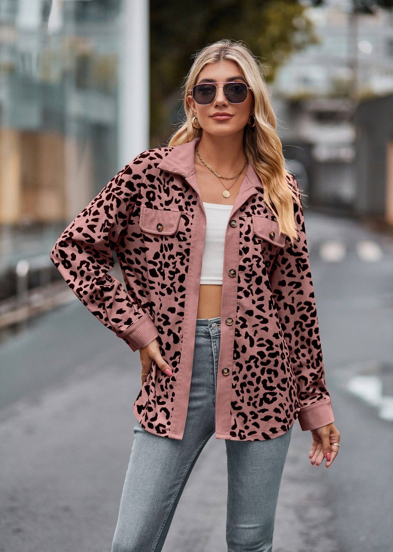 Leopard Corduroy Shirt Jacket - Button Down Oversized Fit