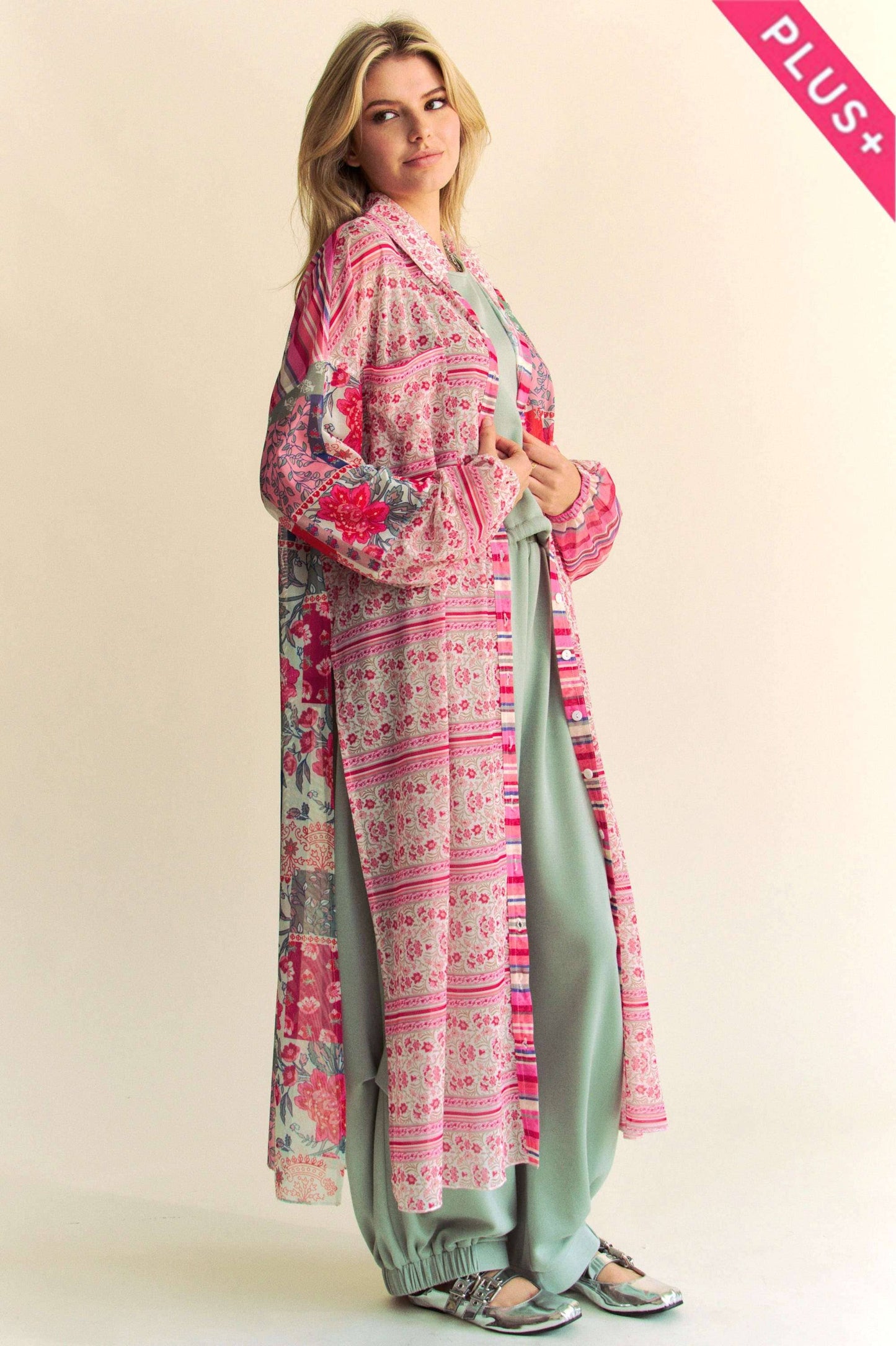 PLUS BUTTON FRONT MAXI SHIRT COVER-UP TOP