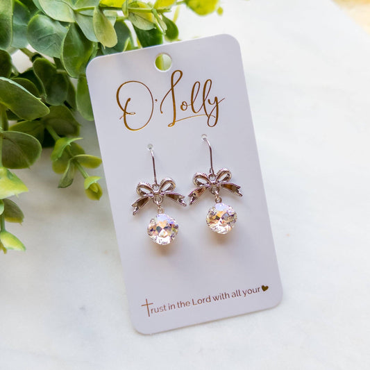 Silver Bow w/ML Clear Stone Dangle Earrings “Silvie”