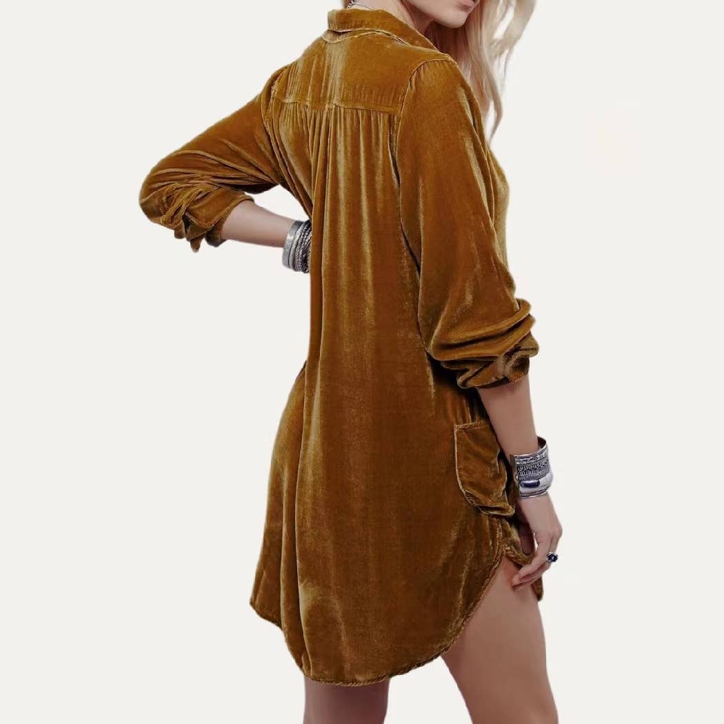 Lay Back Solid Velvet Collared Neck Long Sleeve Mini Dress