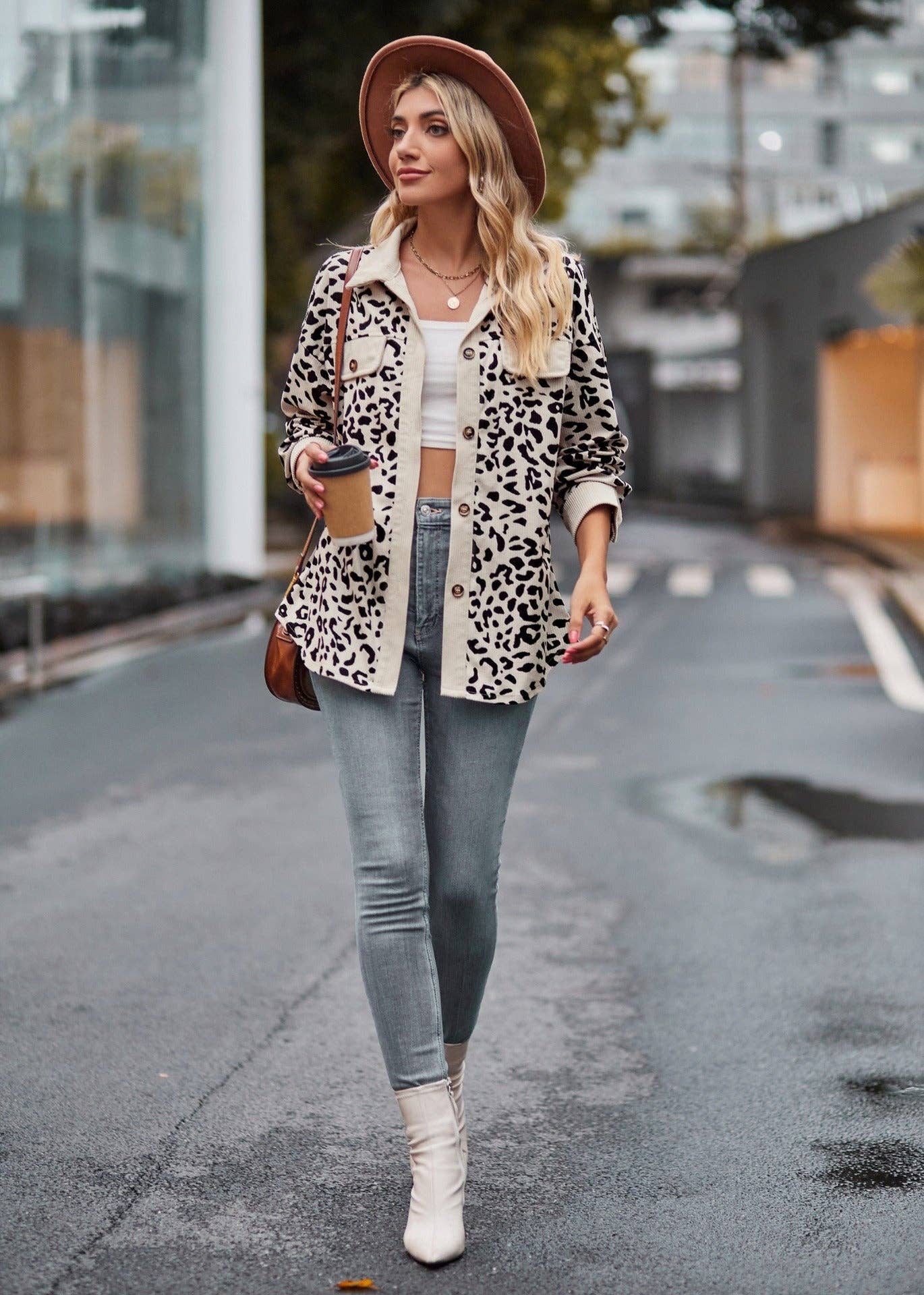 Leopard Corduroy Shirt Jacket - Button Down Oversized Fit