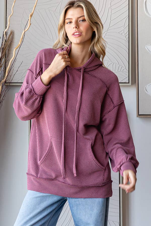 Solid Rib Drop Shoulder Front Pocket Drawstring Hoodie T5704