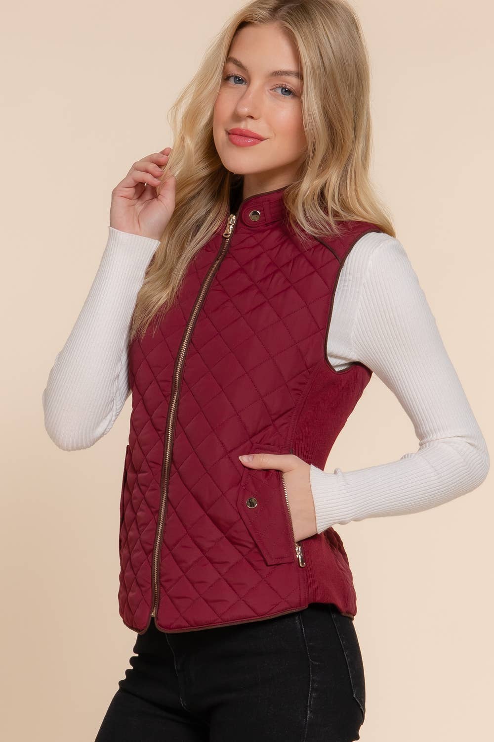 Suede Piping Detail Side Rib Quilted Padding Vest