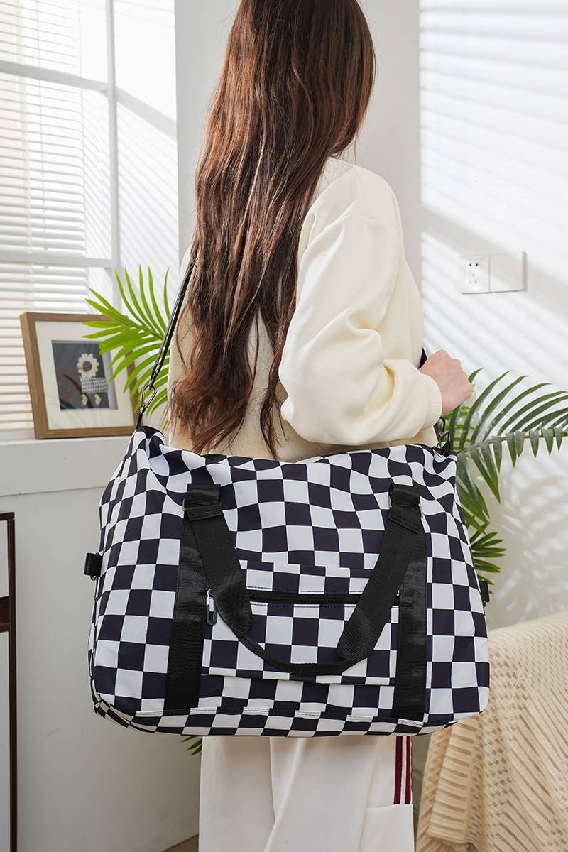 `.Large Capacity Checkered Travel Duffle Bag With Sho