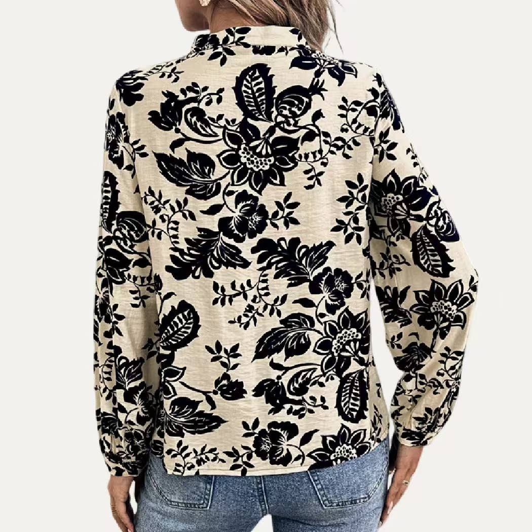 Trendy Floral Print V Neck Long Sleeve Top