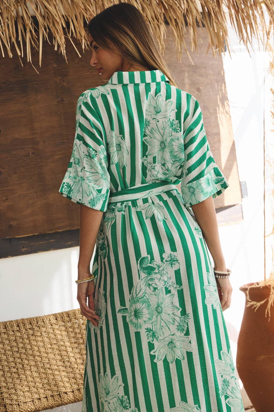 Striped Floral Printed Belted Shirt Dress