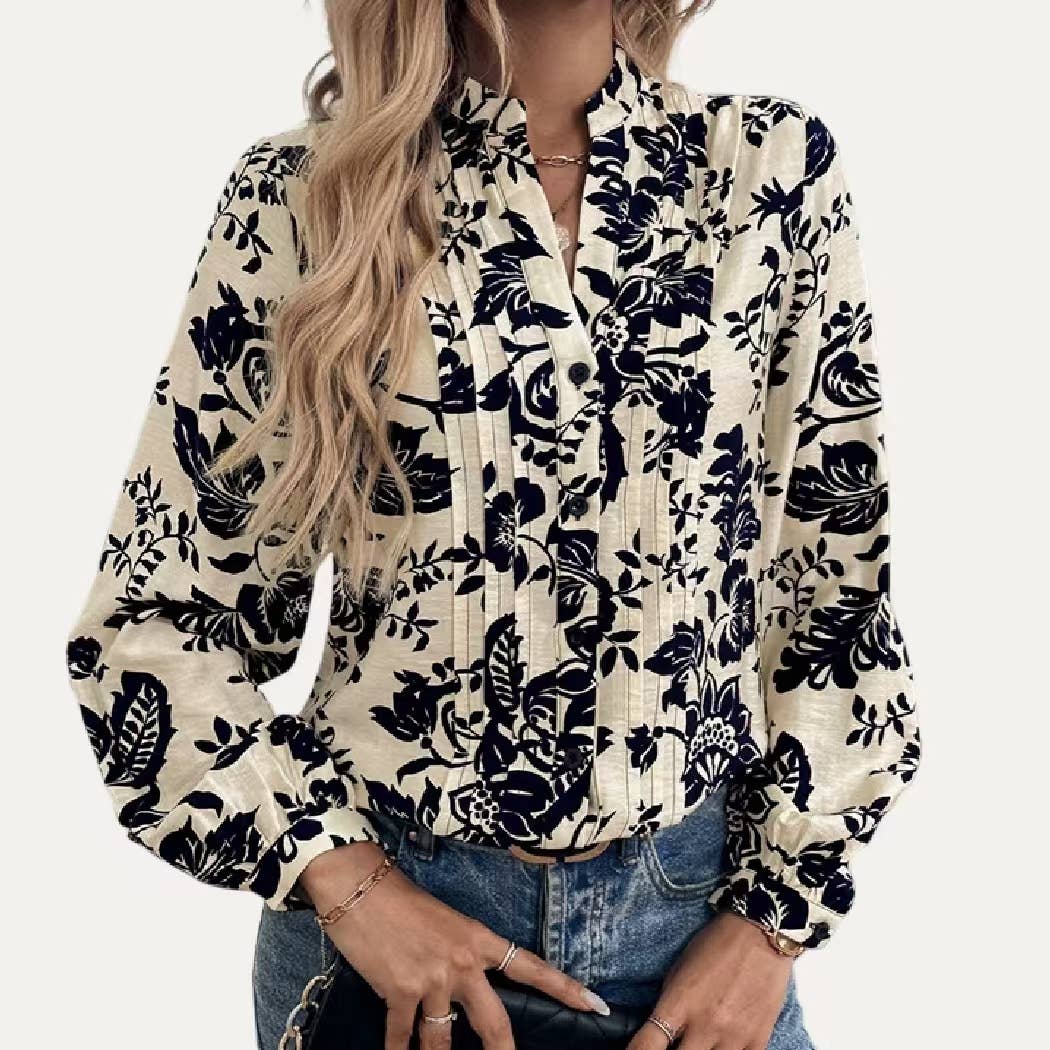 Trendy Floral Print V Neck Long Sleeve Top