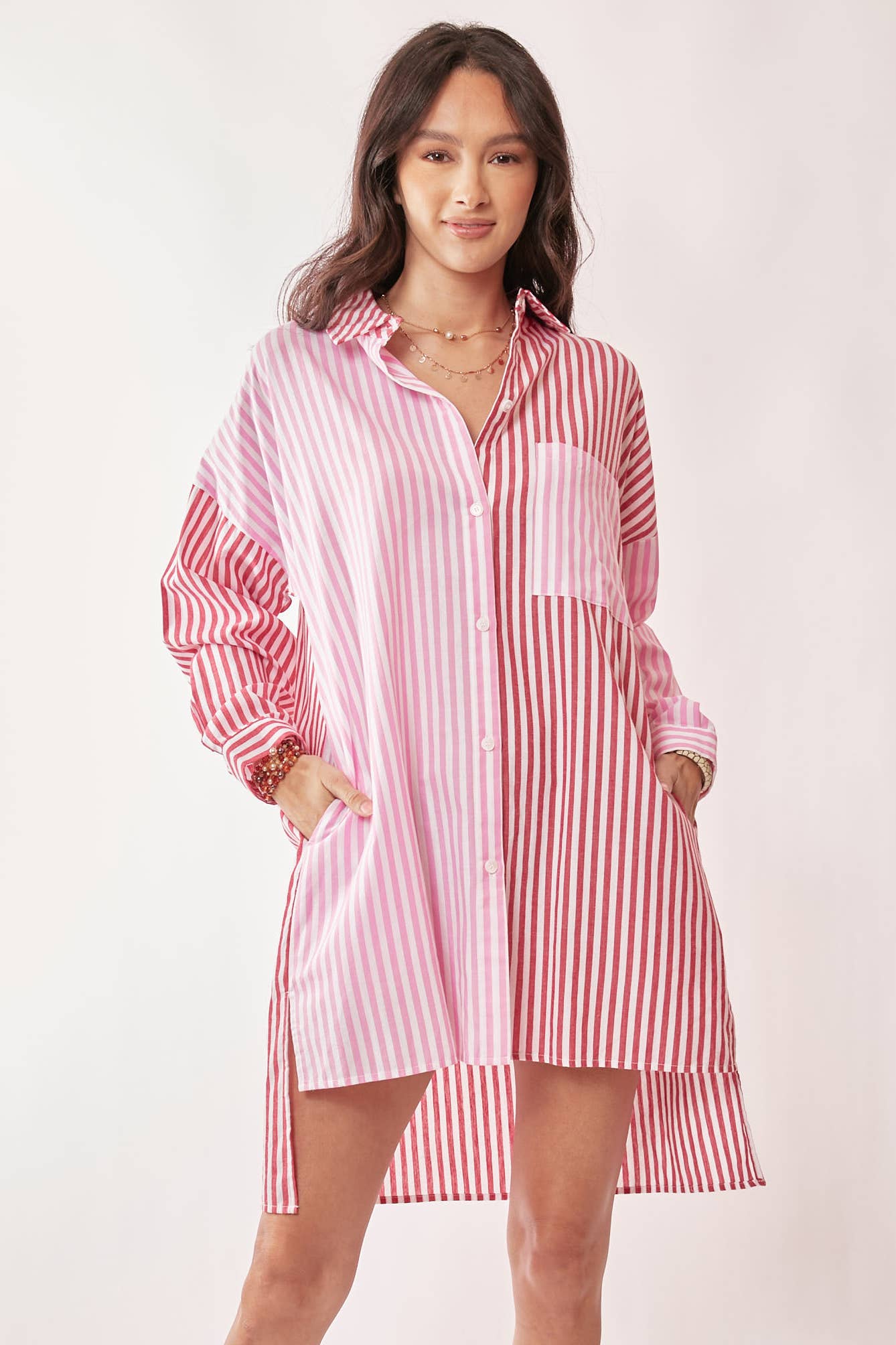 MULTI COLOR STRIPE MIXED BUTTON FRONT TUNIC SHIRT