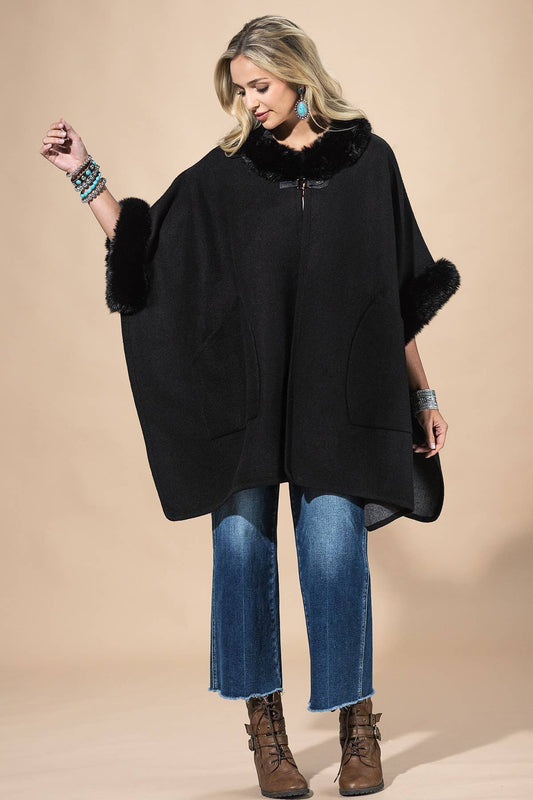 Cape With Faux Fur Trim And Toggle Closure