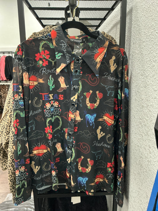 Black Western Lover Printed Collared Long Sleeve Mesh Button Down Shirt