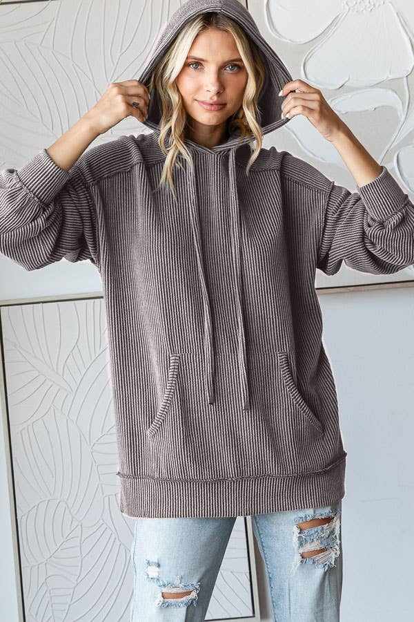 Solid Rib Drop Shoulder Front Pocket Drawstring Hoodie T5704