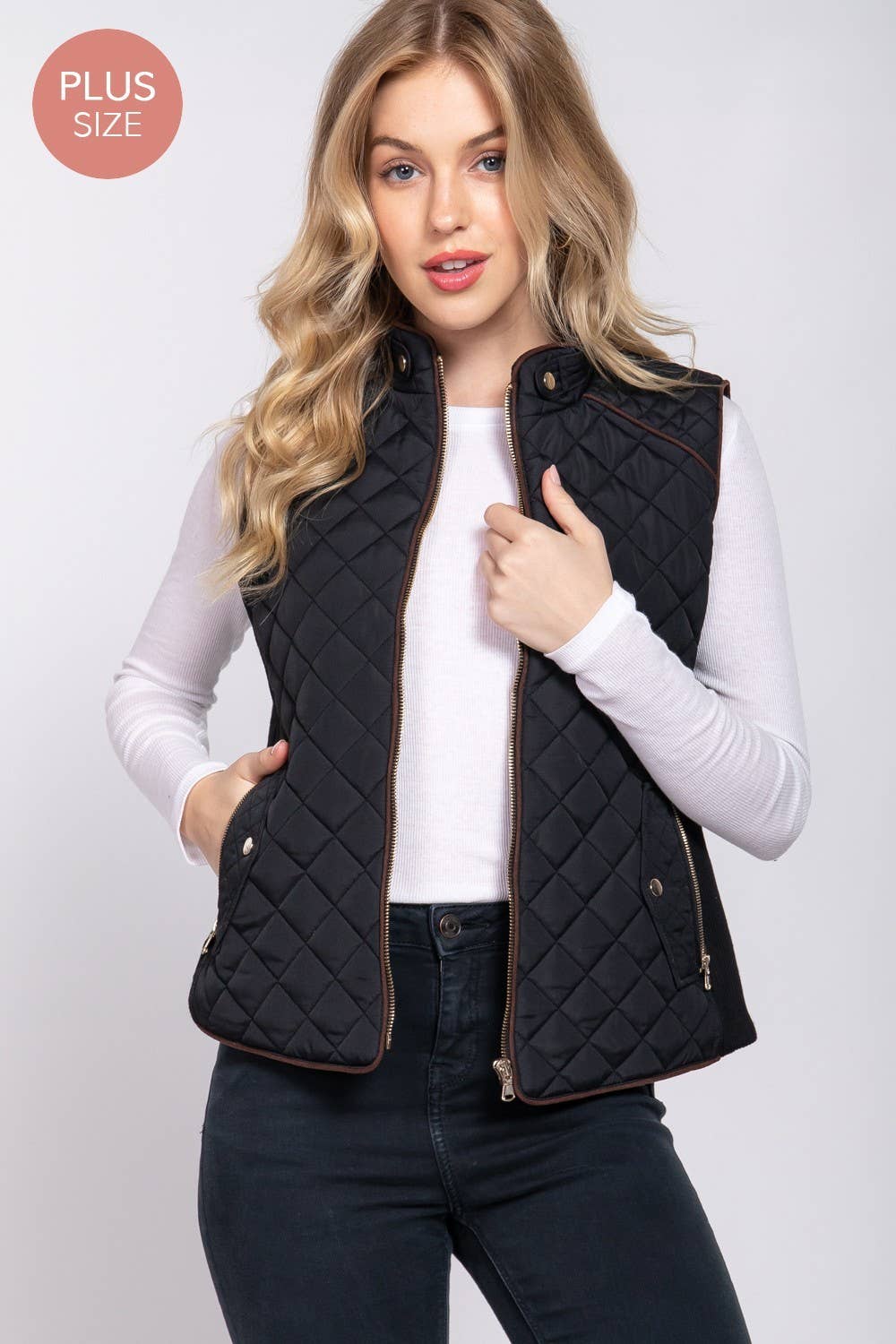 Plus Suede Piping Detail Side Rib Quilted Padding Vest