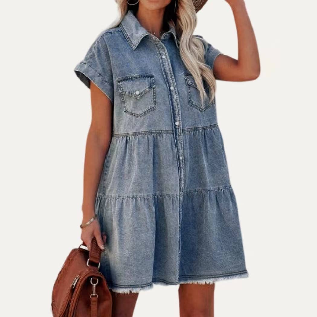 Classic Collared Button-Up Short Sleeves Denim Mini Dress