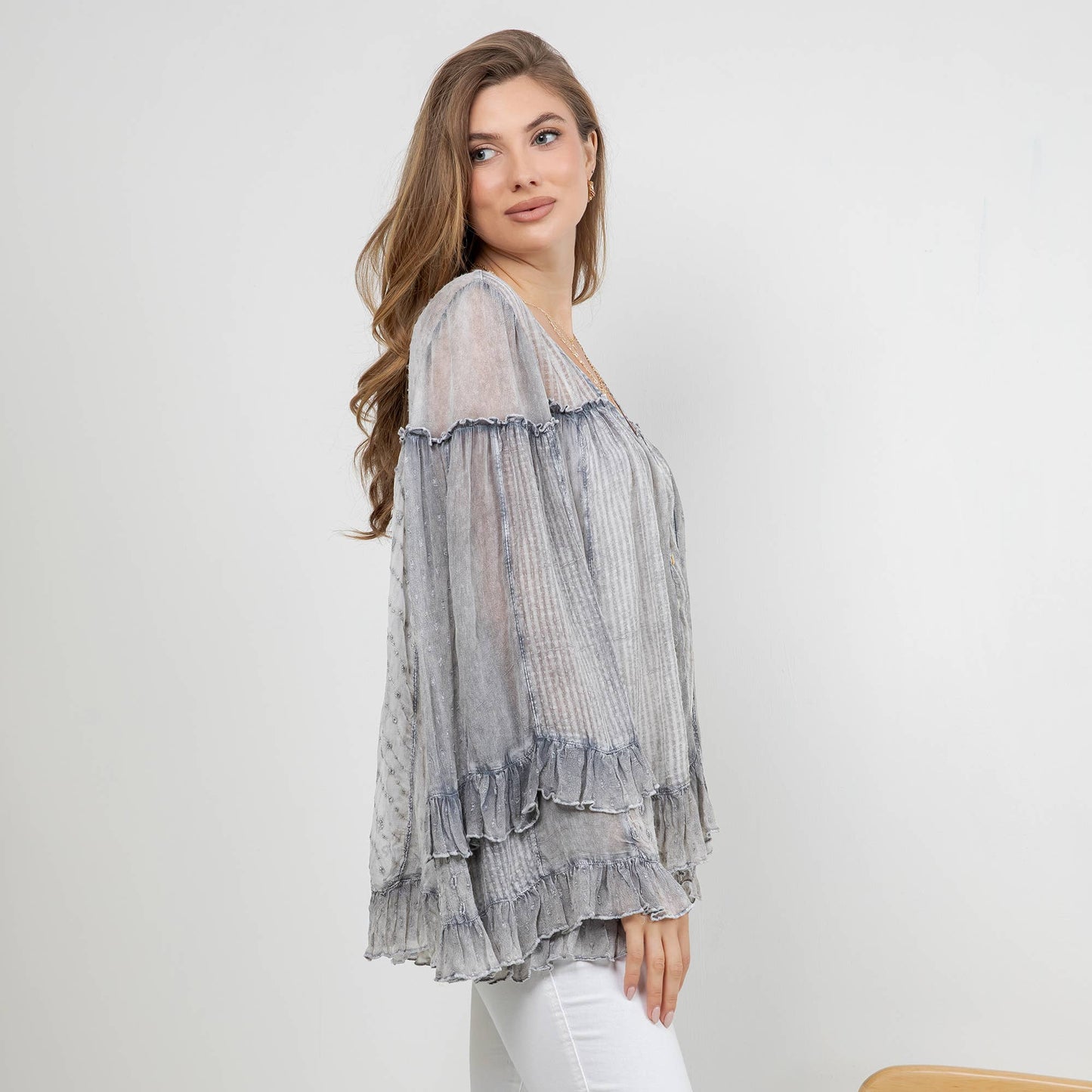 Dreamy Sheer V-Neck Ruffled Button-Front Top