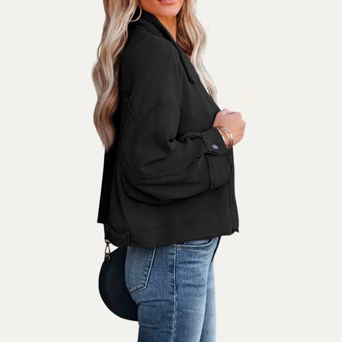 Always Popular Textured Button-Up Long Sleeve Cropped Jacket