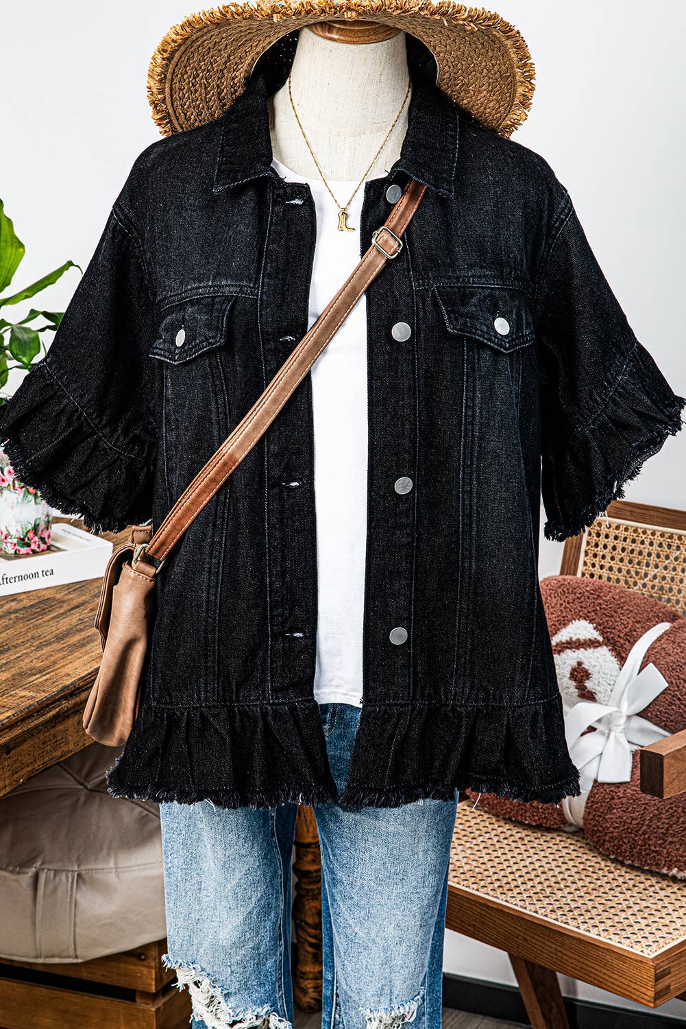 Western Fall Raw Edge Ruffle Short Sleeve Denim Jacket*S-4X