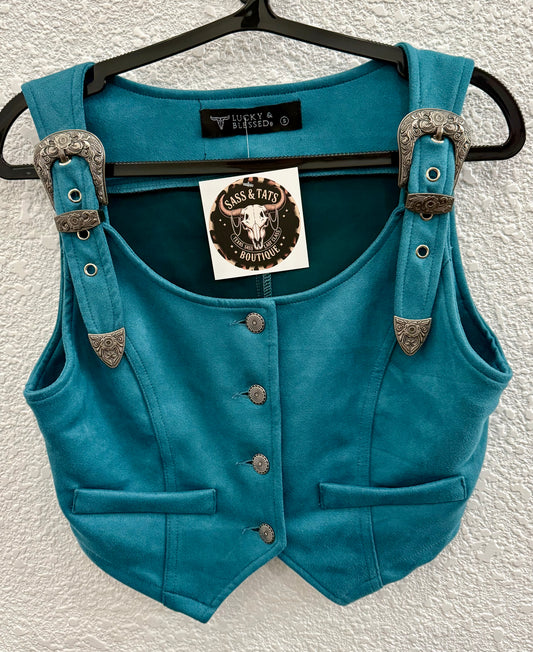 Teal suede buckle strap button down vest