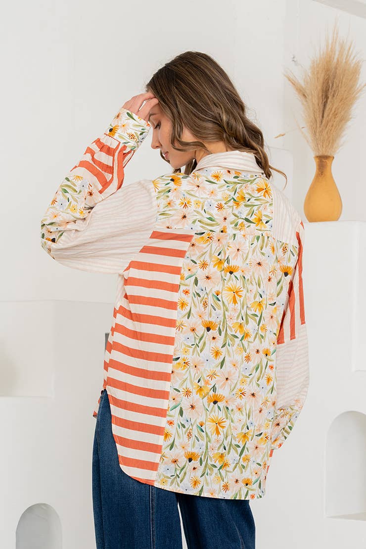 Relaxed Fit Mixed Print Button Down Shirt