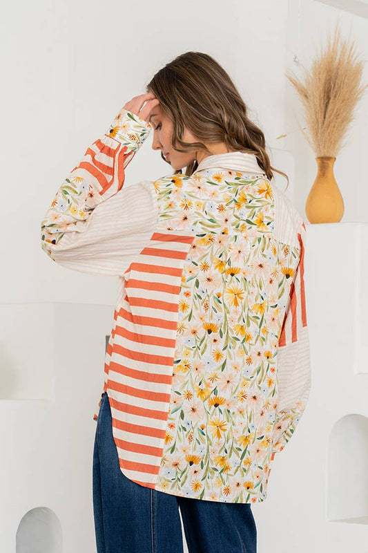 Plus Relaxed Fit Mixed Print Button Down Shirt
