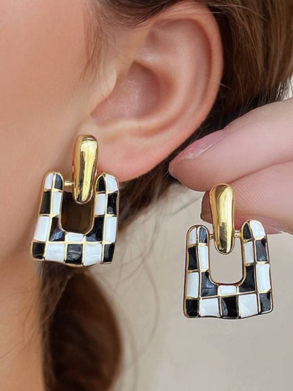 Checkered Pattern Square Shape Stud Dangle Earrings