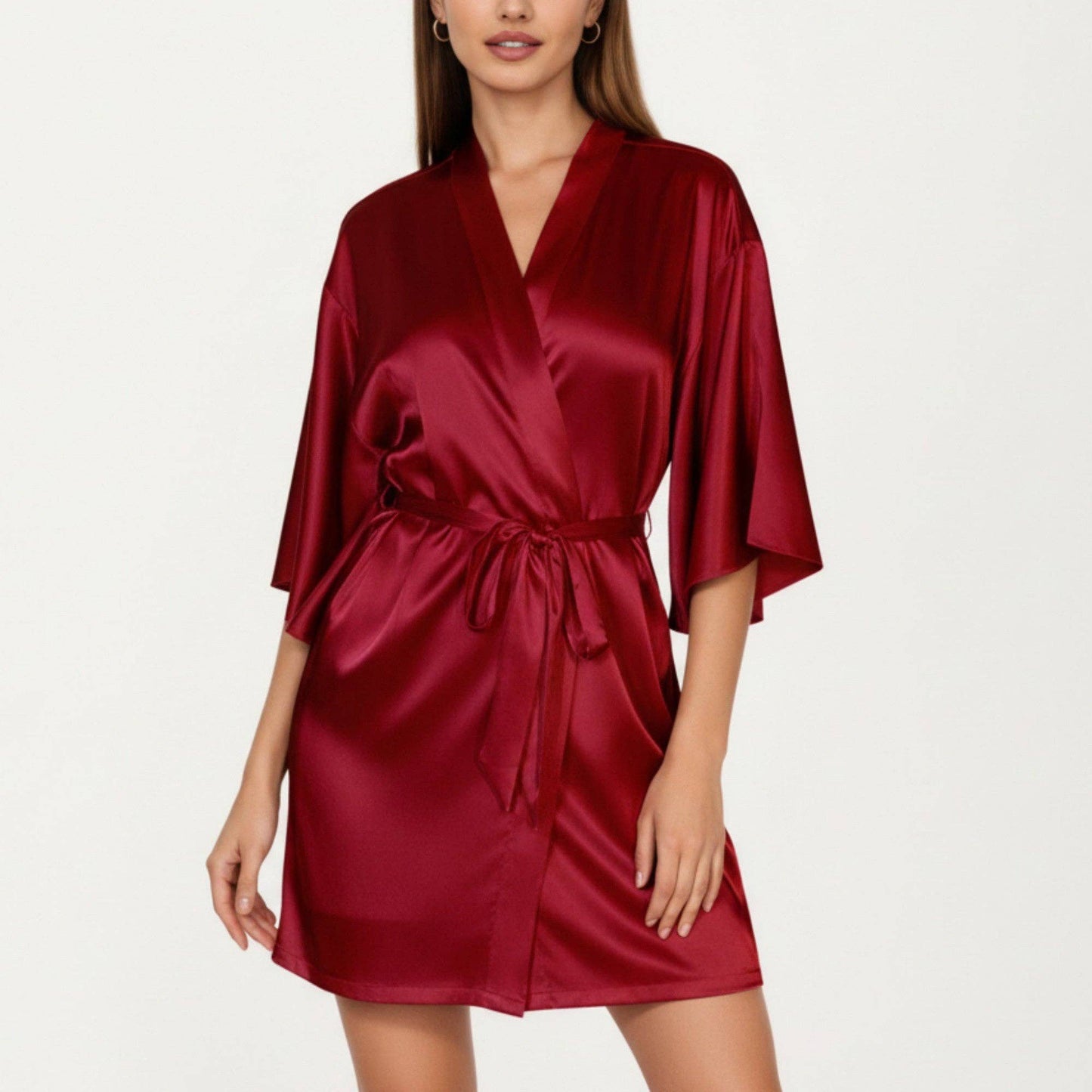 2-Piece Set Satin Slip Dress and Open Front Robe with Flowing Draped Sleeves and Lightweight Fabric
