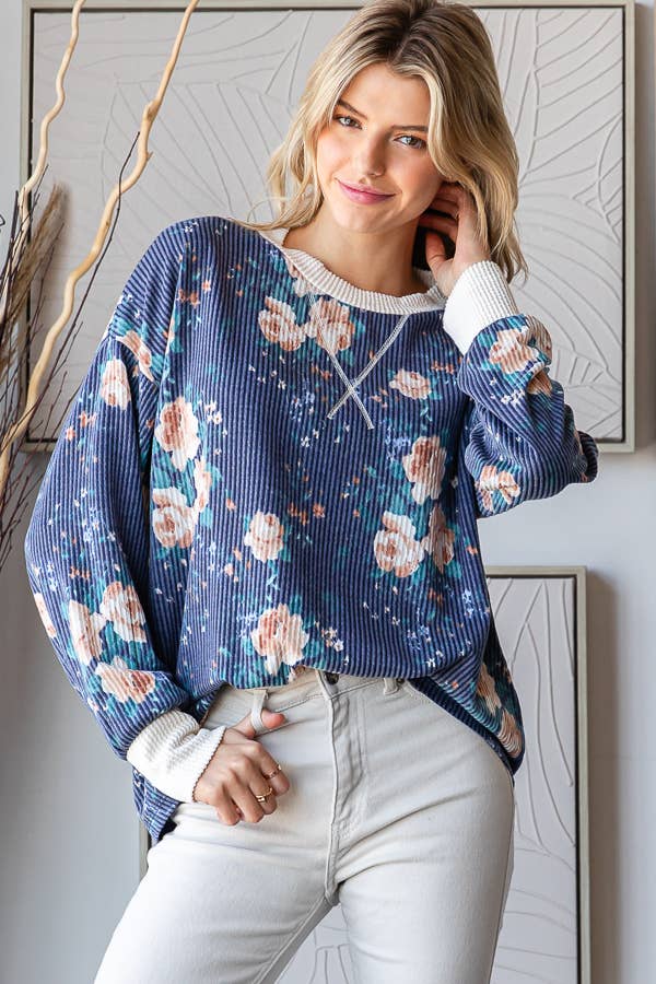 Cozy Floral Rib Drop Shoulder V-Stitch Pullover Top T5699