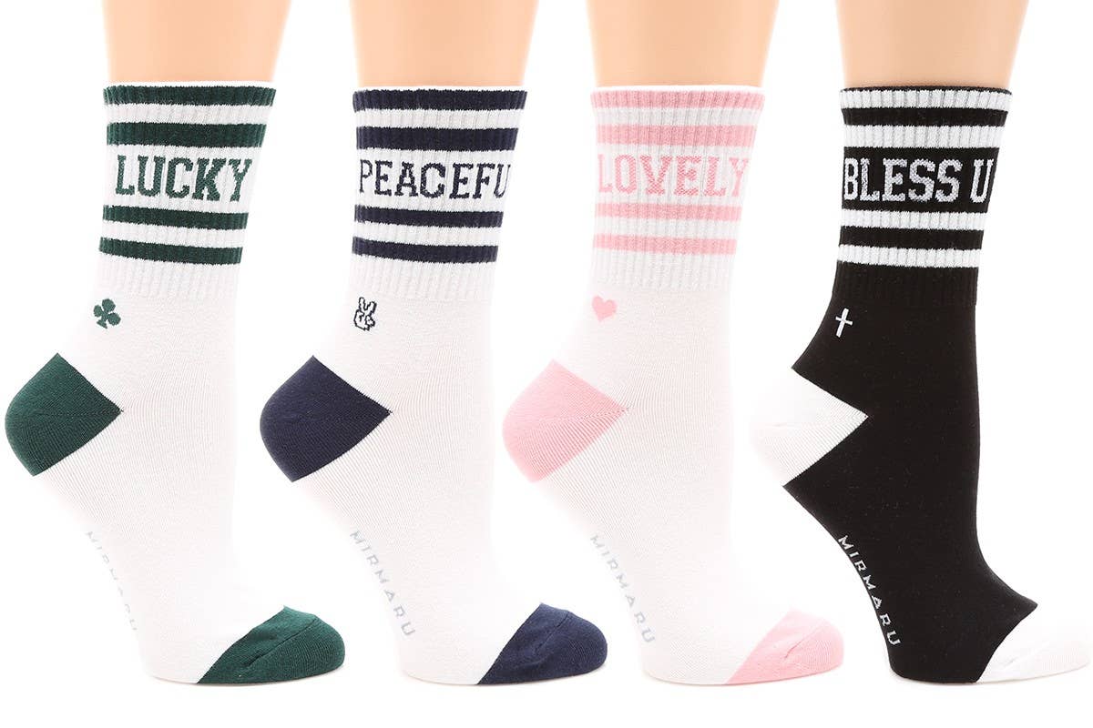 Women's Striped Letter Cotton Blend Crew Socks.