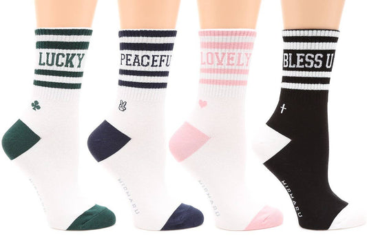 Women's Striped Letter Cotton Blend Crew Socks.