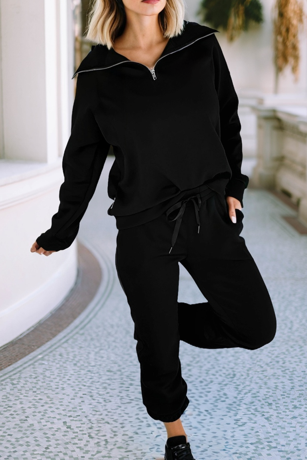 LDC Zip Collar Long Sleeve Top Drawstring Pants Set