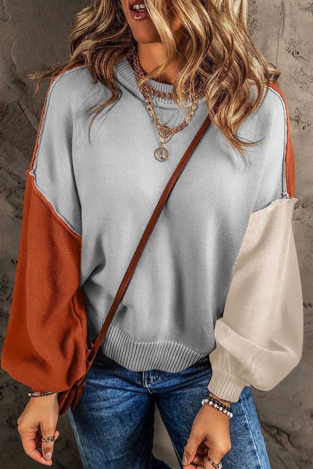 Casual Color block Bishop Sleeve Ribbed Trim Sweater