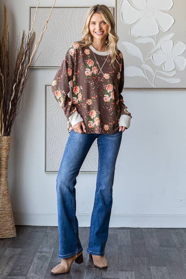 Cozy Floral Rib Drop Shoulder V-Stitch Pullover Top T5699