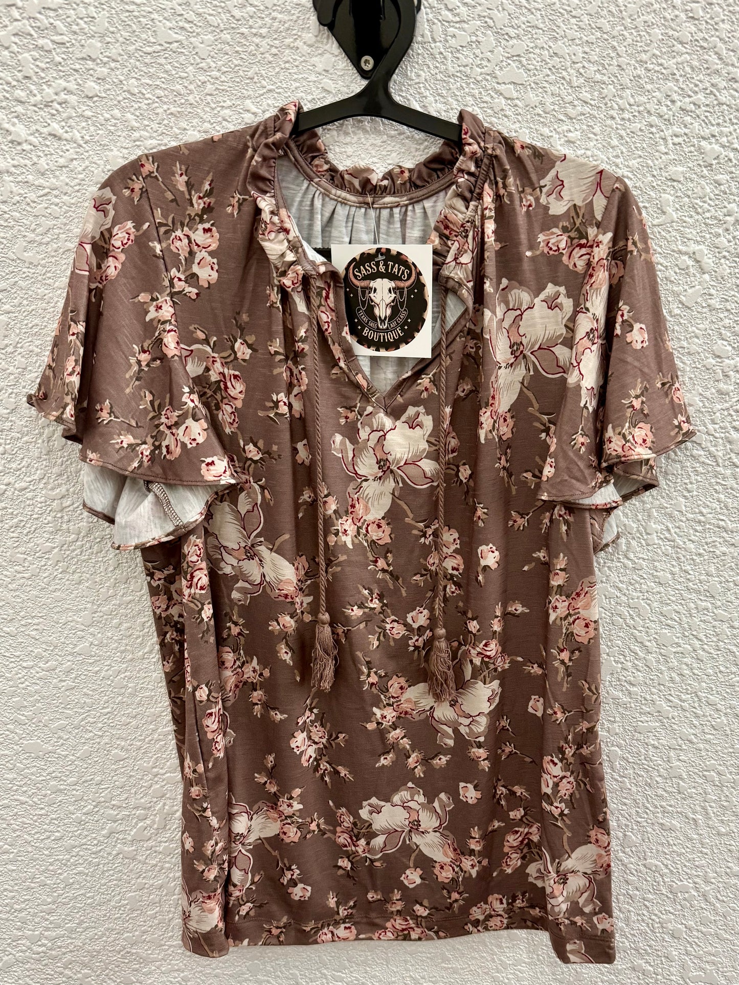 Brown Flower Drawstring Shirt