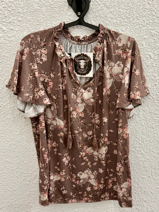 Brown Flower Drawstring Shirt