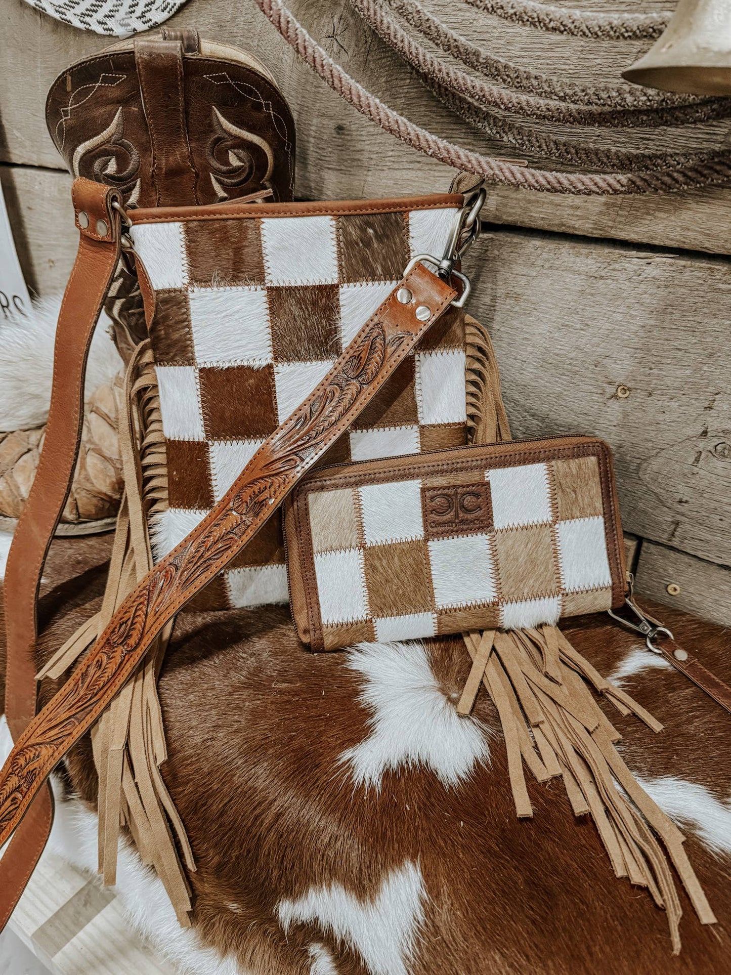 Checkered Cowhide Womens Wallet Wristlet Trendy