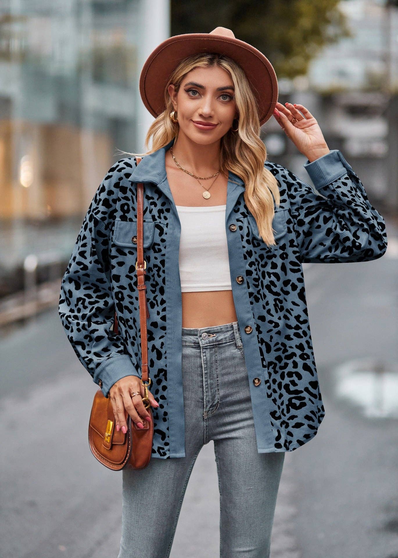 Leopard Corduroy Shirt Jacket - Button Down Oversized Fit